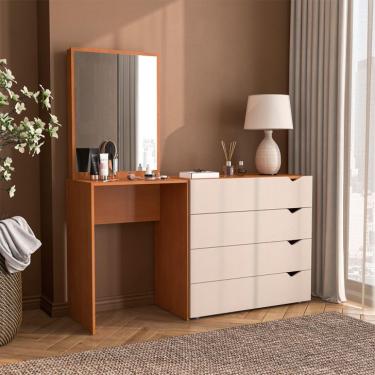Imagem de Cômoda com Espelho Porto 4 Gavetas Freijó e Creme