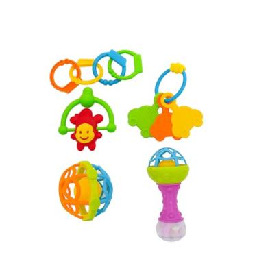Imagem de Brinquedo Bebês - Kit Mordedor e Chocalho para Bebês Com 5 Peças – Brinquedos Educativos Coloridos, Seguros, Estimulam Coordenação Motora e Aliviam a Dentição - 0 a 12 meses