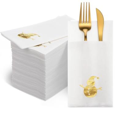 Imagem de Ctosree 100 guardanapos descartáveis de Natal com bolso embutido para talheres guardanapos de papel pré-dobrados em ouro branco textura de linho guardanapo de jantar descartável para talheres de festa