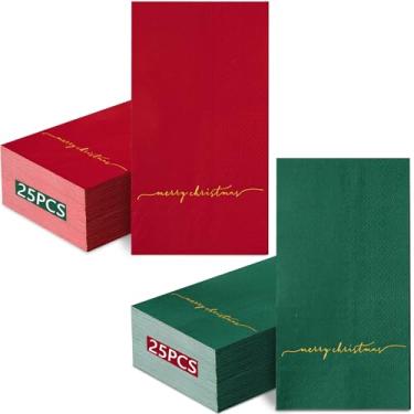 Imagem de 50 guardanapos de Natal para convidados de Natal vermelho verde guardanapos de papel de feliz Natal descartáveis toalha de guardanapo de mão para decoração de mesa de banheiro (50, letras douradas)