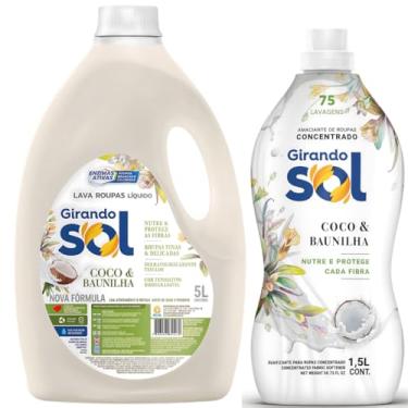 Imagem de Coco e Baunilha Girando Sol Kit Lava Roupas Líquido 5L + Amaciante Concentrado 1,5L Limpeza Profunda Maciez Perfume Duradouro Roupas Macias Toque Suave