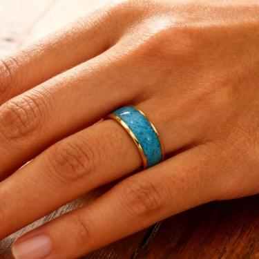 Imagem de Anel de noivado de casamento em aço inoxidável dourado para homens e mulheres 8 mm turquesa incrustada cúpula joia de presente