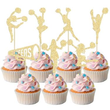 Imagem de Gyufise Pacote com 28 topos de cupcake de líder de torcida dourado glitter líder de torcida ginasta palitos de cupcake para equipe de torcida decorações de bolo de ginasta menina palitos de dente decoração de bolo para meninas suprimentos de lembrancinhas de festa de aniversário