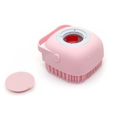 Imagem de Escova de Banho em Silicone, Rosa, com Dispenser para Shampoo 80ml, Massageadora, Cerdas Macias, 8.2x8.2x5.8 cm