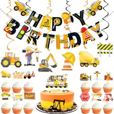 Imagem de 20 Pcs Construction Birthday Party Decorations - Dump Truck Happy Birthday Cake Toppers, Excavator Hanging Swirls & Banner for Construction Theme Baby Shower Kids Birthday Party Supplies