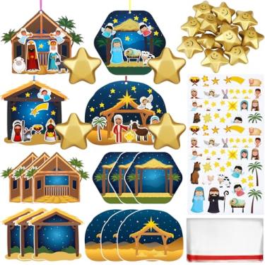 Imagem de Arrowbash 12 conjuntos de adesivos de artesanato de presépio religioso para crianças faça um presépio adesivos de enfeite de artesanato de Natal kits DIY com cena de papelão estrela bola de estresse
