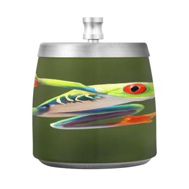 Imagem de JUZIHAI Cinzeiro de sapo de árvore de olhos vermelhos com tampa, bandeja de cinzeiro de aço inoxidável inodoro à prova de vento cinzeiro sem fumaça para escritório em casa, pátio, varanda, fumar