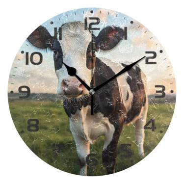 Imagem de JUZIHAI Relógio de parede bonito de vaca holstein, silencioso, sem tique-taque, redondo, operado por bateria, fácil de ler, relógio decorativo de parede para casa, cozinha, sala de estar, quarto