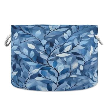 Imagem de JUZIHAI Cesto de armazenamento dobrável de folhas azuis para bebês, cesto de roupa suja, cobertor com alças de corda de algodão, caixa de brinquedos dobrável, organizador de armário para quarto