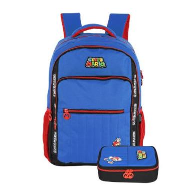 Imagem de Kit Mochila De Costas Super Mario Bros E Estojo Box Escolar, Azul
