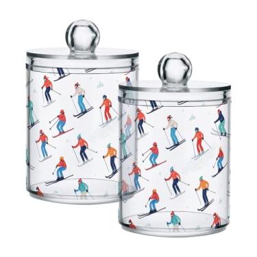 Imagem de Qilmy Pacote com 2 suportes de ponta de esqui de desenho animado, frascos de boticário de 400 ml, vasilha organizadora de banheiro para cotonetes, bolas de algodão, almofadas de maquiagem, fio dental