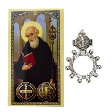 Imagem de Conjunto de cartão de oração e rosário de prata de São Bento, presente religioso católico tradicional, anel devocional de metal com cartão de oração