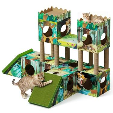 Imagem de PalNests Casa de papelão para gatos, torre de árvore de vários níveis 3 em 1 com tábua de arranhar, postes de arranhar e casa de brinquedo para gatinhos e gatos médios, fácil de fazer você mesmo, 150