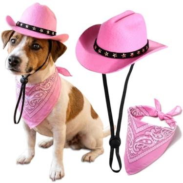 Imagem de Fantasia de cowboy para animais de estimação, chapéu de cowboy de Halloween com cachecol bandana para decoração de festa de Halloween (rosa, médio)