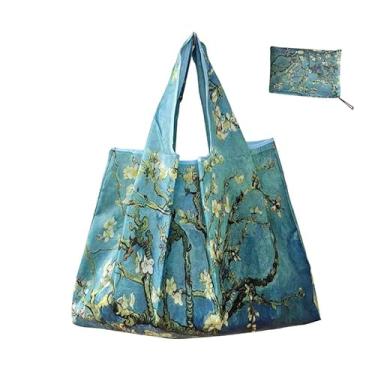 Imagem de Sacola de nylon com estampa de pintura a óleo, bolsa de compras grande casual, dobrável, lavável com alça de pulso, adequada para viagens diárias, estilo B