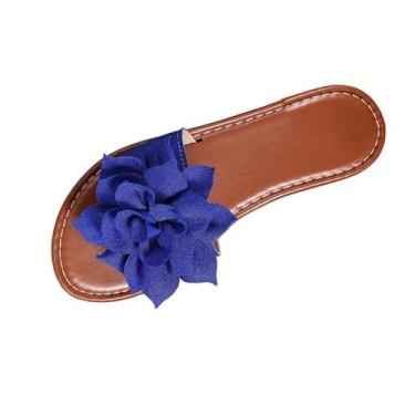 Imagem de Chinelo feminino moderno casual cor sólida floral tecido plano peep toe bico redondo, flock superior exterior interior casual desgaste baixo confortável, Azul royal, 36