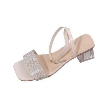 Imagem de Sandálias femininas casuais de verão plus size cristal bico quadrado tira reta salto médio salto grosso versátil design confortável, Branco, 38