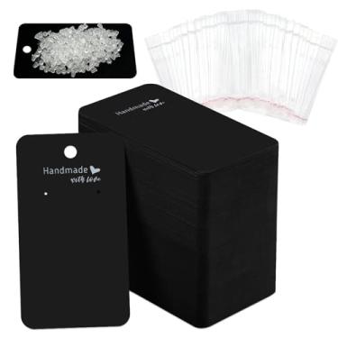 Imagem de Sekonow Pacote com 200 brincos, porta-cartões com 200 sacos e 400 costas, embalagem de brincos para venda de joias, feito à mão com etiquetas de amor, papelão preto