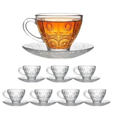 Imagem de Jogo 8 Xícara De Chá Vidro Transparente Com Pires Bohemia Café Relevo 220ml Em Casa Tem