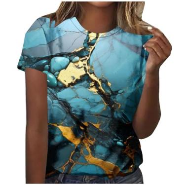 Imagem de Blusa feminina manga curta mármore colorido gráfico solto blusa longa para mulheres gola canoa verão outono camisas 2024, E-180 multicolorido, G