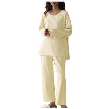 Imagem de Conjunto de pijama feminino com ajuste relaxado, conjunto de pijama para mulheres, crochê, perna reta, conjunto de pijama liso 2024, T-125 Bege, XXG