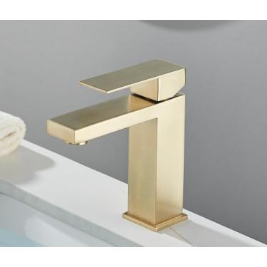 Imagem de Torneira preta fosca para pia de banheiro, torneira dourada com misturador de água fria, estilo simples, furo único, guindaste, escova dourada curta