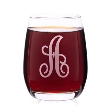 Imagem de Taça de vinho clássica sem haste de cristal de 400 ml, presentes de vinho monograma A-Z para mulheres, taça de vinho personalizada gravada, presentes de monograma para amantes de vinho, brilhos de