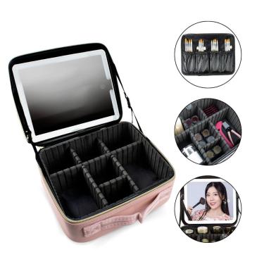 Imagem de Maleta Bolsa Make Acessórios Espelho LED Porta Pincel Rosa