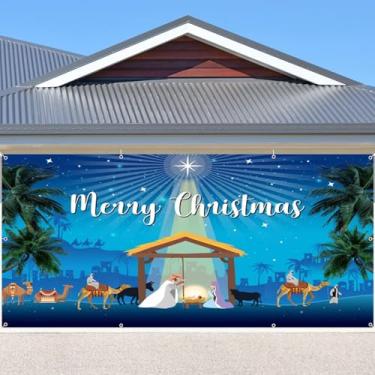 Imagem de Capa de banner de porta de garagem de presépio de Natal 2,1 x 4,9 m presépio ao ar livre grande decoração de porta de garagem presépio cenário estável pano de fundo banner decoração natal feriado