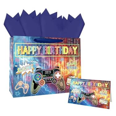 Imagem de MUNILAIL Saco grande de presente de 33 cm para meninos, bolsa de presente de videogame com alça, papel de seda e cartão comemorativo para festa de aniversário com tema de jogo, grande bolsa de