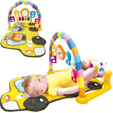 Imagem de Tapete de Atividades Bebê Piano Musical Mobile Baby Style com Teclado Removível Luzes e Sons Estímulo Sensorial Barra de Brinquedos Teclado (Animais Amarelo)