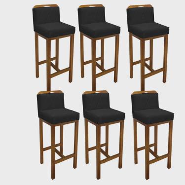Imagem de Kit 06 Banqueta Alta Com Encosto Simon Cozinha Balcão Bistrô Base Madeira Rústico Corino Preto - Ahz Móveis