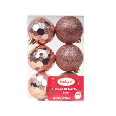Imagem de Conjunto com 6 Bolas de 6cm Rose Gold para Árvore de Natal - Festive