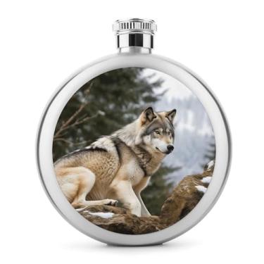 Imagem de Cantil clássico com estampa de lobo selvagem da montanha da neve, frasco de aço inoxidável para licor, frasco de bolso de 142 g