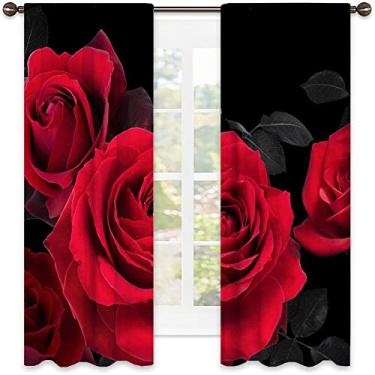 Imagem de Cortinas blecaute rosa 90%, estampa de rosa vermelha, tecido impermeável, cortinas blackout com absorção de som para decoração de sala de jantar/festa, L 132 x C 150 cm, preto e vermelho