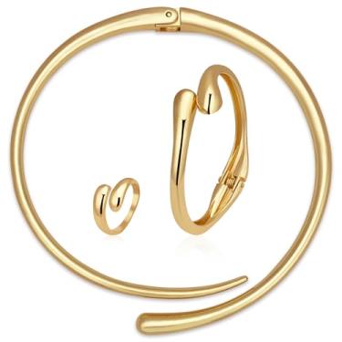 Imagem de KOLODOGO Conjunto de joias com 3 peças, gargantilha grossa, lágrima, pulseira aberta, anel ajustável, conjunto de declaração de ouro para mulheres, Middle, Cobre, Sem Pedra Preciosa