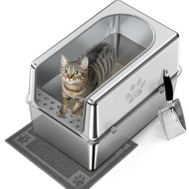 Imagem de PWTAA Caixa de areia fechada de aço inoxidável com tampa, caixa de areia de metal para gatos grandes, vaso sanitário extragrande para gatos com lateral alta, antiaderente, antivazamento, inodoro, com