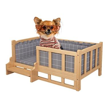 Imagem de Cama elevada para cães, cama de madeira para animais de estimação, berços com almofada cinza e cerca de madeira maciça, para cães e gatos grandes, médios e pequenos para cães e gatos