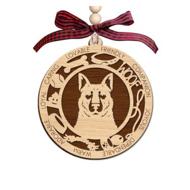 Imagem de Enfeite de madeira de pastor alemão - Decoração redonda cortada a laser com estampa de pata e detalhes de osso - Design de retrato de animal de estimação - Palavras de companheira adoráveis e