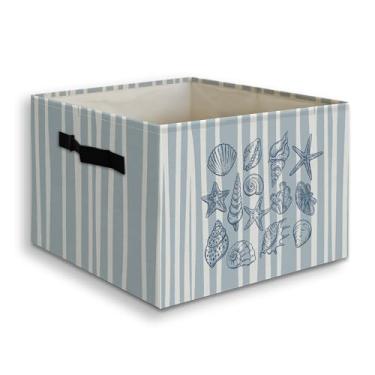 Imagem de JUIOEIU Caixa organizadora dobrável com concha e concha costeira com alças, Meet Me at the Beach Coastal Blue Striped Cesta organizadora dobrável para quarto, banheiro, roupas, brinquedos, livros