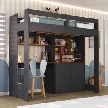 Imagem de Cama Alta Infantil Juvenil 2 Portas com Escrivaninha Multifuncional Zwork Yescasa Grafite/Nogal