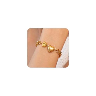 Imagem de FUTIMELY Pulseiras com pingente de coração dourado para mulheres, pulseira charmosa de coração inchado, pulseira de corrente ajustável, joias modernas, Large, Liga metálica, Sem Pedra Preciosa