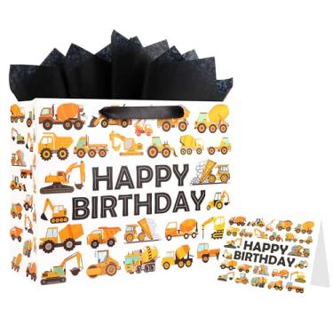 Imagem de ASYEHJNR Saco de presente de aniversário de construção grande de 33 cm amarelo preto com cartão de felicitações e papel de seda para crianças, meninos, tema de construção, artigos de aniversário
