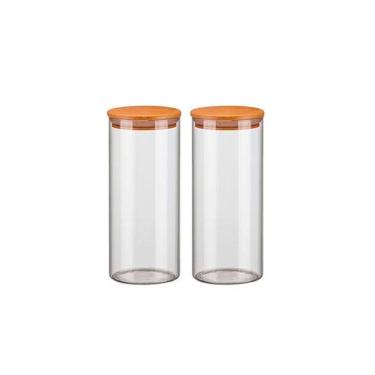 Imagem de Kit 2 Potes Vidro Hermético 1500Ml Tampa Madeira Bambu Porta