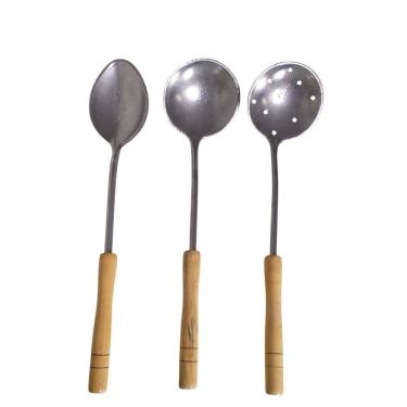 Imagem de Jogo Escumadeira Concha Colher Alumínio Cabo Madeira 45cm 3pçs