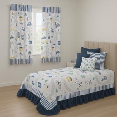 Imagem de Kit Cortina 2 Metros + Colcha Cobre Leite Infantil 07 Peças Para Quarto (PISTA CARRINHOS)