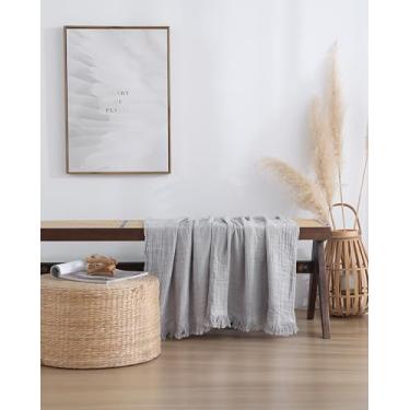 Imagem de Cobertor de musselina 100% algodão para cama, sofá, pequeno, decorativo, macio, pré-lavado, respirável e leve cobertor de gaze com borlas, adequado para todas as estações, cinza claro, 127 x 152 cm