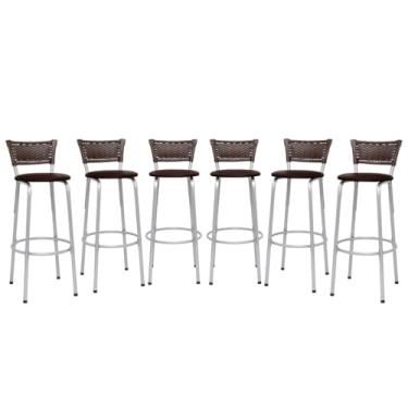 Imagem de Kit 6 Banquetas Alta Junco Argila Estrutura Prata 70cm Para Balcão Ilha Bancada Cozinha Bar Bistrô Americano - Itagold (Assento Marrom Claro)