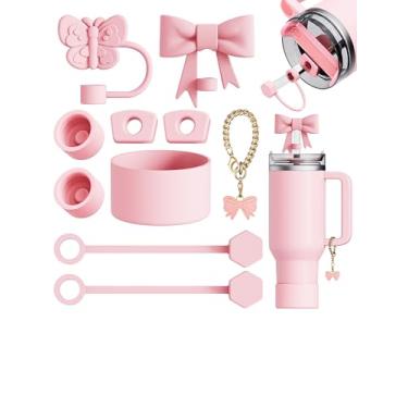 Imagem de 10 peças compatíveis com acessórios Stanley Cup - Toppers de palha de borboleta e arco para capa de palha Stanley 9-10 mm, 1 bota de silicone, 6 rolhas à prova de derramamento, 1 pingente de alça para