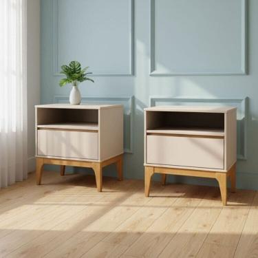 Imagem de Kit com 2 Mesas de Cabeceira 2 Gavetas 2 Nichos Bento Yescasa Cappuccino/Amêndoa
